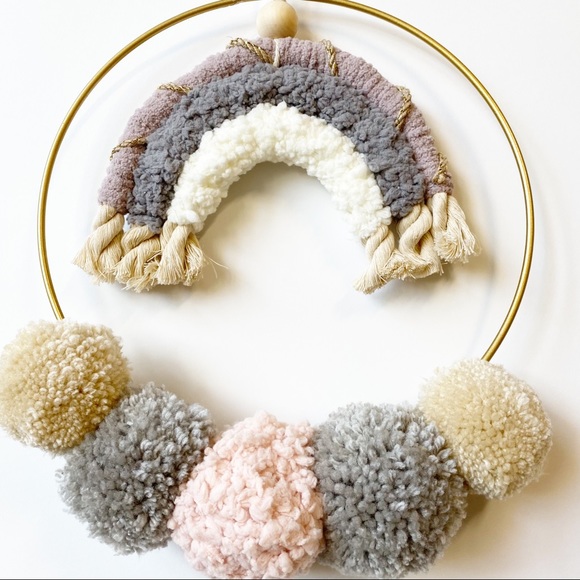 Rainbow Pom Pom Baby Nursery Wreath Pink Handmade - Picture 3 of 4